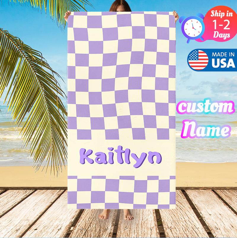 Personalized Striped Checkered Beach Towel, Custom Name Colorful Summer Pool Towel for Kids Personalized Striped Checkered Beach Towel, Custom Name Colorful Summer Pool Towel for Kids