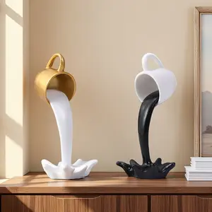 Collectible Figurines, Set of 2 Golden And Black Resin Coffee Cup Decorations, Flowing Creative Mug Ornaments, Exquisite Artistic Gag Gifts for Home Room Decor