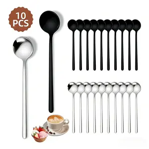 10-PCS Coffee Spoon Stainless Steel, Dessert Spoons, Teaspoons, Seasoning Spoons, Round Head Long Handle Ice Cream Stirring Dessert Honey Mixing Spoon Kitchen Tableware Decoration