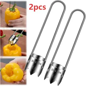 2pcs Fruit and vegetable corer, red bell pepper corer, stainless steel fruit corer, universal apple corer with ergonomic handle, a small kitchen gadget suitable for fruits and vegetables.