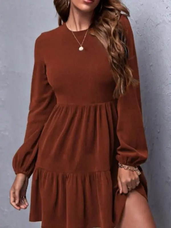 Women's Round Neck Long Puff Sleeve Ruffle Tiered High Waisted Short Dress - Elastic Waist, Machine Wash, Fall Casual Swing Style