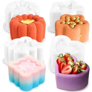 4pcs Nonstick Silicone Molds for Baking Supplies, Square Star Heart Flower Cake Mold Silicone Cake Molds for Pudding Mousse Chocolate Jelly Muffin Bread Cheesecake Baking Pan Fancy Cakes Pastry Mould