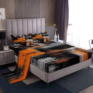 Feelyou Graffiti Theme Bedding Set - Orange and Black Abstract Geometric Artistic Smear Design, Deep Pocket Fitted Sheet, Soft, Breathable Durable, Decorative Linens, Breathable Durable Sheets, Decorative Bedsheet Sets