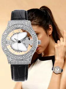 Elegant Butterfly Diamond Watch, Analog Quartz Movement, Leather Strap, Zinc Alloy Case, Casual Style, All Seasons Wear