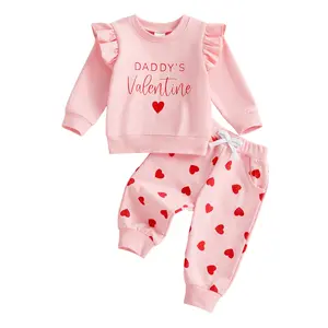 Canrulo Toddler Girl Valentine’s Day Outfits Daddy's Valentine Ruffle Sleeve Sweatshirt and Heart Pants Set Spring Clothes