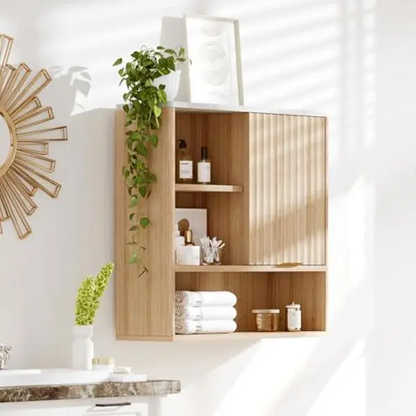 Modern Fluted Wall Cabinet with Sliding Door, Faux Marble Top & Adjustable Shelf, Curved Medicine Cabinet for Bathroom or Laundry Room, Wall Mounted Storage Organizer,