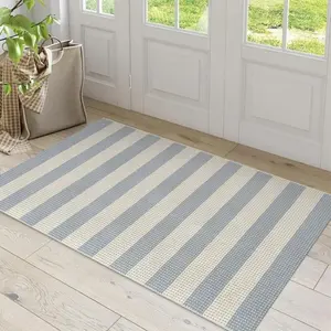 Washable Outdoor Rug , Blue/White/Tan Outdoor Area Rug Entryway Rugs Indoor Door Mat Front Porch Rug Cotton Small Checkered Rug Floor Carpet for Entry/Patio/Bedroom/Living Room