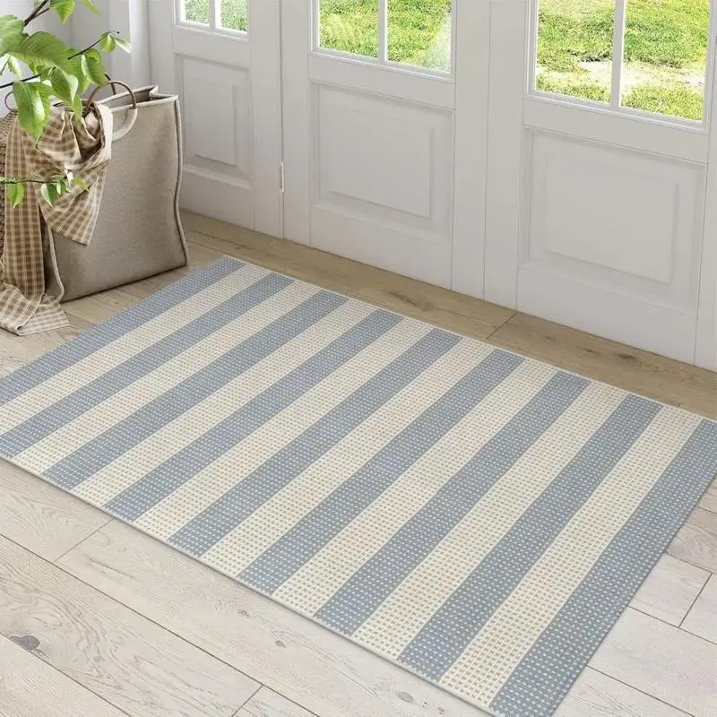 Washable Outdoor Rug , Blue/White/Tan Outdoor Area Rug Entryway Rugs Indoor Door Mat Front Porch Rug Cotton Small Checkered Rug Floor Carpet for Entry/Patio/Bedroom/Living Room