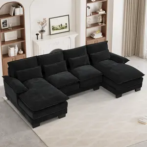 110" Modular U Shaped Cloud Couch, Modern 4-Seat Chenille Upholstery Sectional Sofa with Double Chaise & Double Layer Cushions, Deep Seat Comfy Couch for Living Room, Bedroom, Apartment, Black