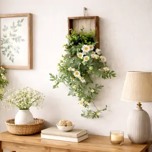 1pc Artificial Hanging Daisy Flowers, Fake Hanging Plant with Wooden Frame, Faux Greenery Floral Wall Decor for the Kitchen, Living Room, Farmhouse-Style Kitchens, Living Rooms, and Bathrooms Wall-Mounted Decor