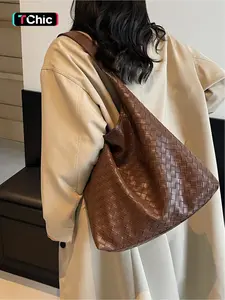 ins lazy style imitation woven soft leather shoulder bag Pu Tote Satchel college students commuting bag large capacity tote bucket bag suitable for commuting, shopping, leisure travel, daily matching