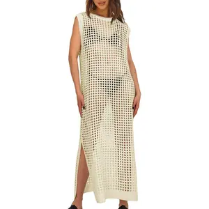 Saodimallsu Womens Crochet Swimsuit Coverup Summer Sleeveless Hollow Out Knit Crewneck Side Split Long Beach Dress