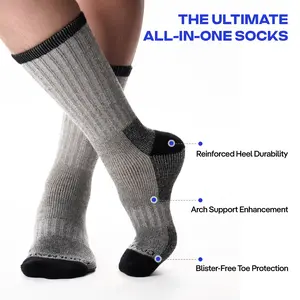 3 Pairs Grey-Black CoolMate Merino Wool Hiking Socks for Men, Super Thick Warm Winter Thermal Crew Socks with Arch Support & Blister-Free