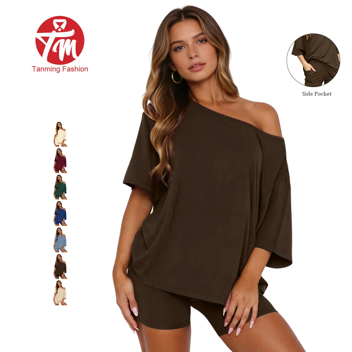 Tanming Womens 2-Piece Loungewear Set - Elegant Off-Shoulder Oversized Tee & Fitted High-Waist Shorts - Soft Stretchy Casual Summer Outfit for Travel, Coffee Runs & Athletic Wear
