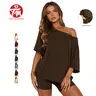 Tanming Womens 2-Piece Loungewear Set - Elegant Off-Shoulder Oversized Tee & Fitted High-Waist Shorts - Soft Stretchy Casual Summer Outfit for Travel, Coffee Runs & Athletic Wear