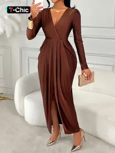 Aliling Women's Elegant Chic Long Dress, Deep V Neck Cross Waist Pleated Design, Slim Fit Plain Pattern, Fall & Winter Fashion, Perfect for Casual Wear