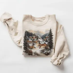 Retro Christmas Winter Village Sweatshirt - Nineties 90s Mountain Pine Trees Decorated Cabins Outfit - Boho Unisex Crewneck Sweatshirt