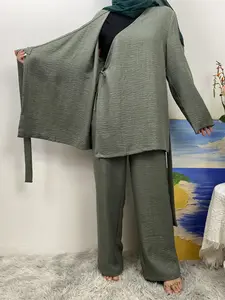 Women's Solid Color Tie Front Top & Wide Leg Pants Two-piece Set, Modest Casual Long Sleeve Top & Trousers for Daily Wear, Ladies Islamic Clothing for Spring & Fall, Palazzo Pants, Tunic