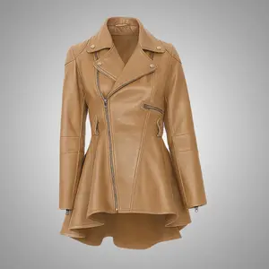 Women's Honey Beige Peplum Leather Jacket - Lambskin | Cuir