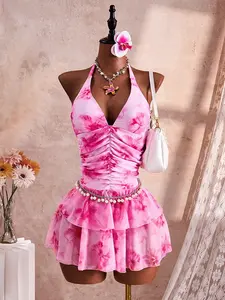 Women's Floral Print Halter Neck Tie Design Ruffle Hem Sweet Lady Summer Beach Party Holiday Resort Swimsuit Two-Piece Set