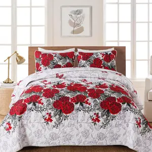 Red Floral Quilt Set  Size Rose Valentine Bedspreads Bedding Set 3 count Lightweight Summer Botanical Coverlet with 2 Pillow Shams for All Season 104x90 Inch