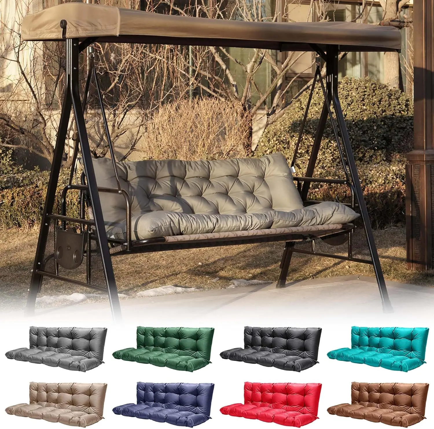 Outdoor Swing Cushions,Waterproof Swing Cushions 3 Seater Replacement with Backrest,Outdoor Thickened Bench Cushion with Ties for Porch,Patio,Backyard,Garden and lawn (Khaki 60 * 40 in)