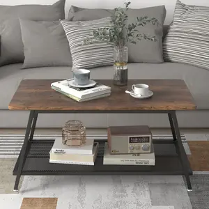 Industrial Rectangular 2-Tier Coffee Table – Vintage Wood Finish & Heavy-Duty Metal Frame, Mesh Storage Shelf, Adjustable Leveling Feet, Easy Assembly, Space-Saving Design for Small Spaces, Brown