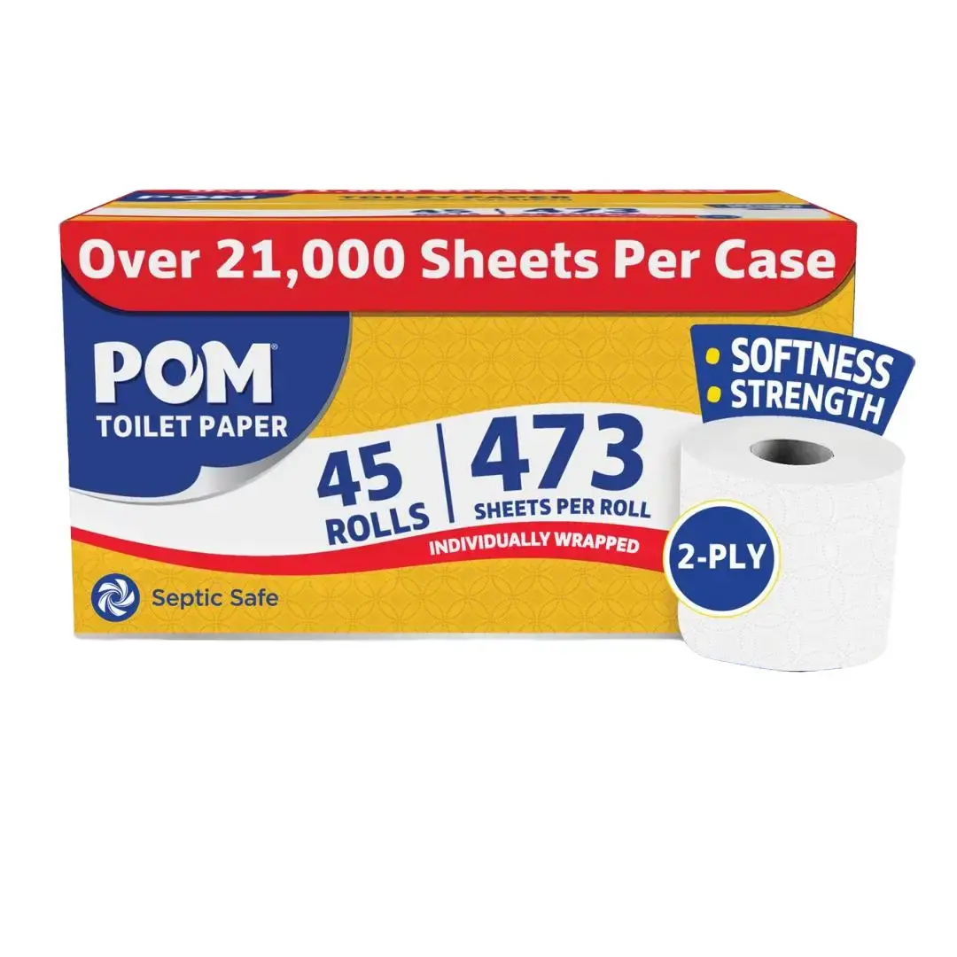 POM 2-Ply Toilet Paper Bulk Pack, 45 Rolls 473 Sheets Each, Soft Embossed, Septic Safe
