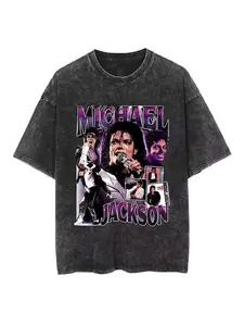Men's Washed Vintage Michael Tribute Print T-Shirt, Loose Fit Retro Music Idol Street Style, Casual Short Sleeve Top