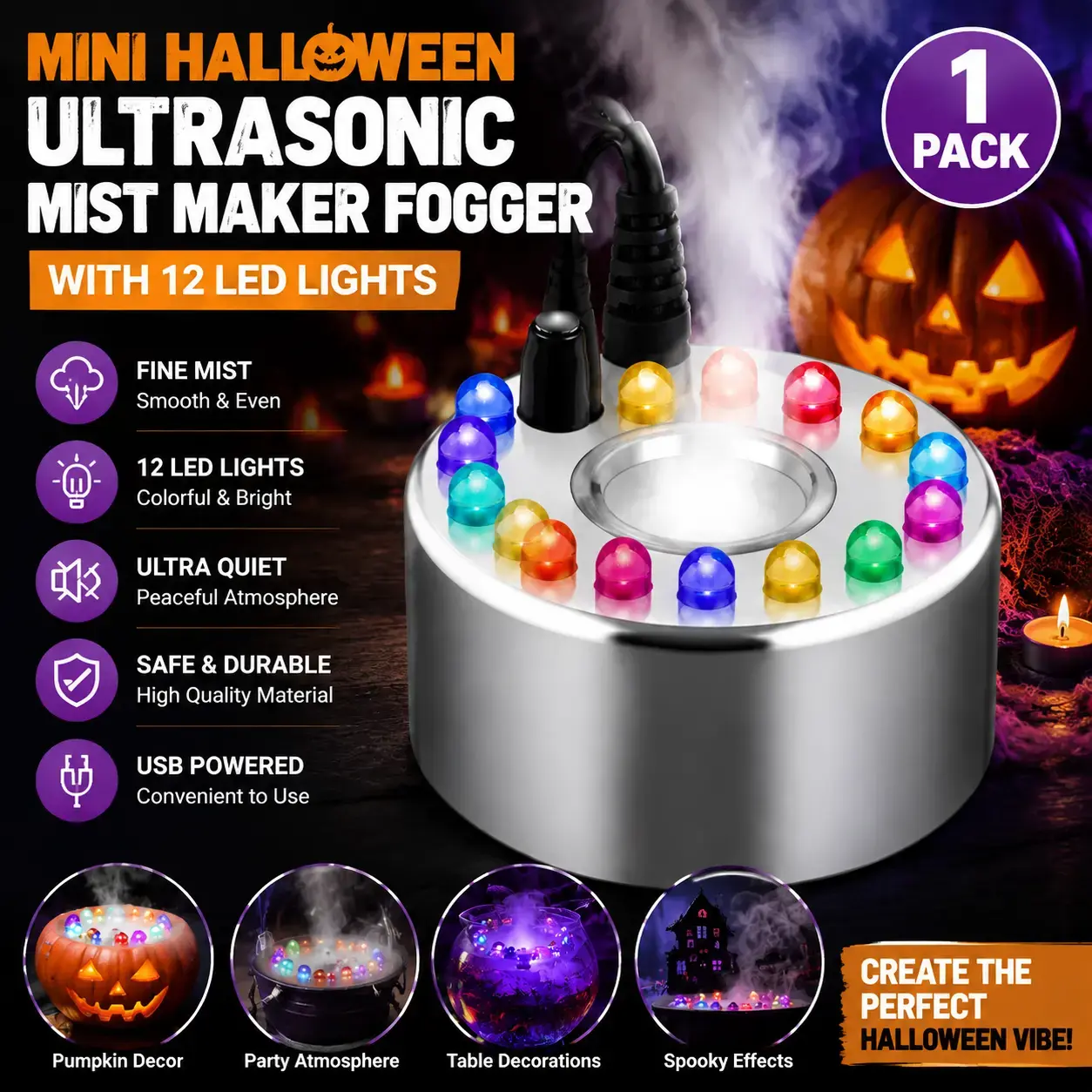 Mini Ultrasonic Mist Maker Fogger With 12 Color LED Lights Alloy Atomizer Humidifier Head Water Fountain Pond Fog Machine For Halloween Decor DIY Landscape Projects
