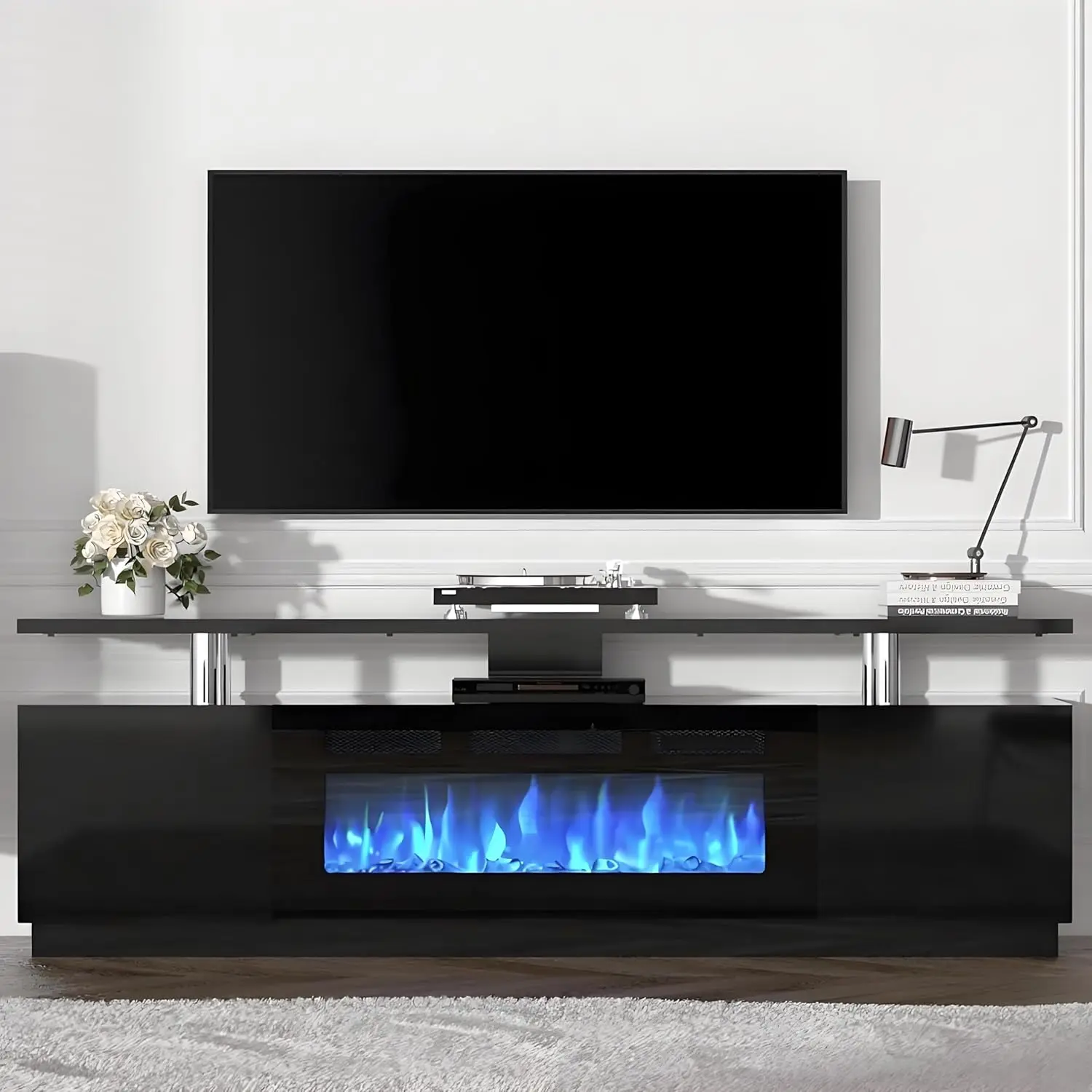 Fireplace TV Stand, with 36'' Firplace, 70'' Entertainment Center, 2 Tier TV Console Cabinet with Storage Cabinet, Electric Fireplace Heater with LED Light and 12 Flame Colors, Black