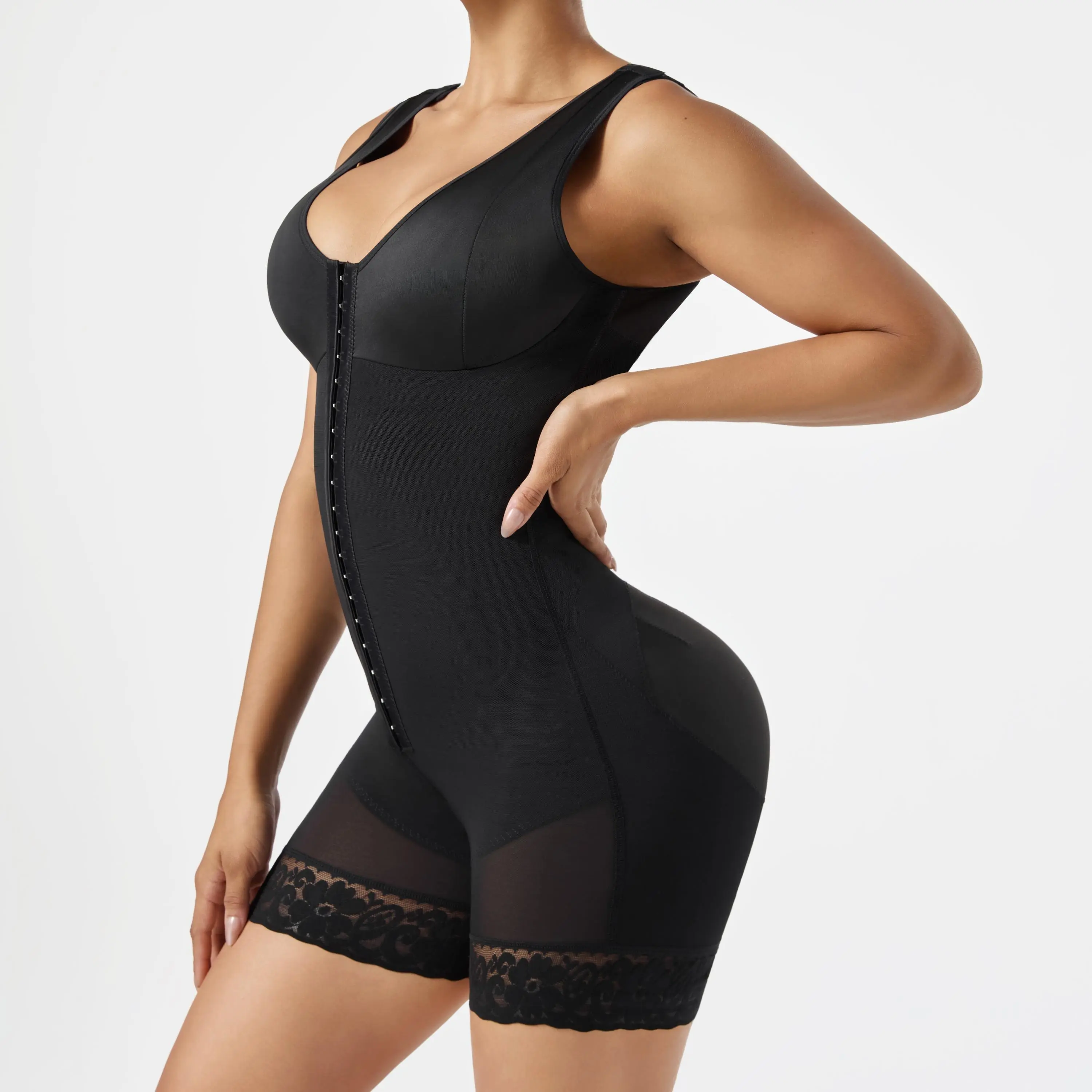 Women's Colombian Curve Shaping Bodysuit High Compression Tummy Control Butt Lifter & Hip Enhancer Full Body Shaper with Lace Trim Zipper Crotch Beige/White One-Piece for Postpartum Gym & Casual Attire Shapewear Fit control jumpsuit Full-Figure tiktok  sh