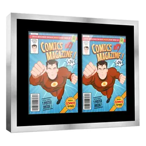 Comic Book Frame with Mat for 2 Silver Age Comics Published Between 1956 and 1970 - Silver Wood Comic Frame With Black Mat for 7.125x10.5 Comics - 14x18 Frame Size