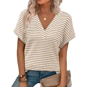 Womens Casual Striped V Neck Knit T-Shirt Short Sleeve Loose Fit Summer Textured Tops