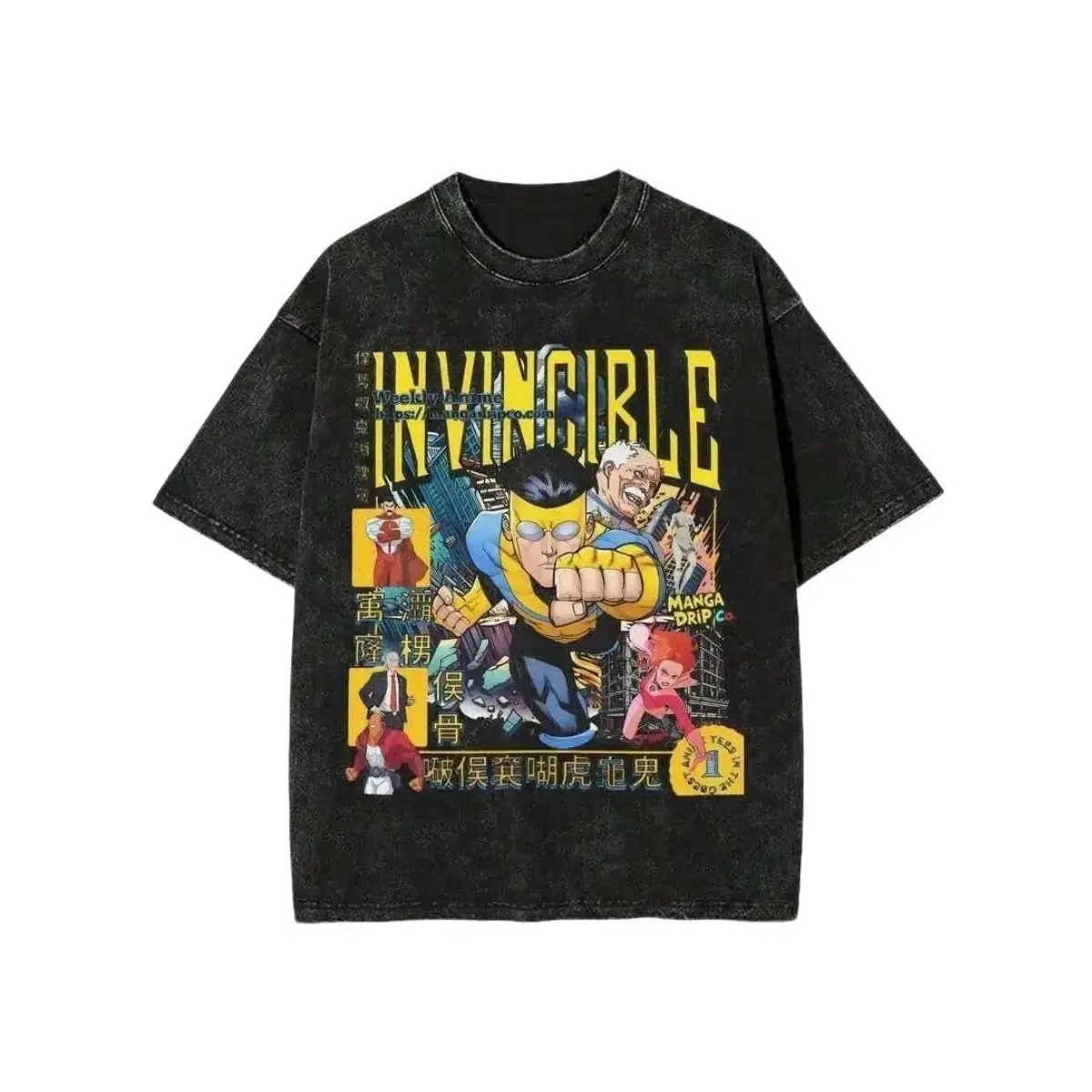 Invincible Omni Man Anime Graphic T Shirt Acid Wash Oversized Vintage Retro Heavyweight Cotton Tee Y2K Pump Cover Gym Apparel Streetwear Comic Book Superhero Loose Fit Summer Top For Men And Women Alt Fashion Trendy Fits