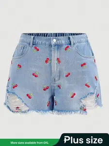 【 Plus Size】 Cherry Embroidery Button Fly Denim Shorts, Casual Cute Fashion Shorts for Daily Wear, Women's Bottoms for Summer, Curved Hem Shorts, Beach Shorts, Casual Comfy Shorts, Button Ripped Shorts, Frayed Denim Shorts