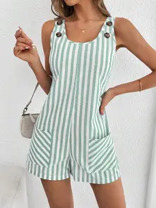 DANLIEN Casual Striped Round Neck Button Pocket Romper, Suitable For Everyday Wear