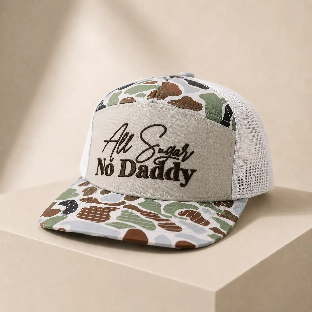 All Sugar No Daddy Embroidered Camo Trucker Hat – Funny Mesh Snapback Cap, Adjustable Vintage Outdoor Baseball Hat for Men & Women