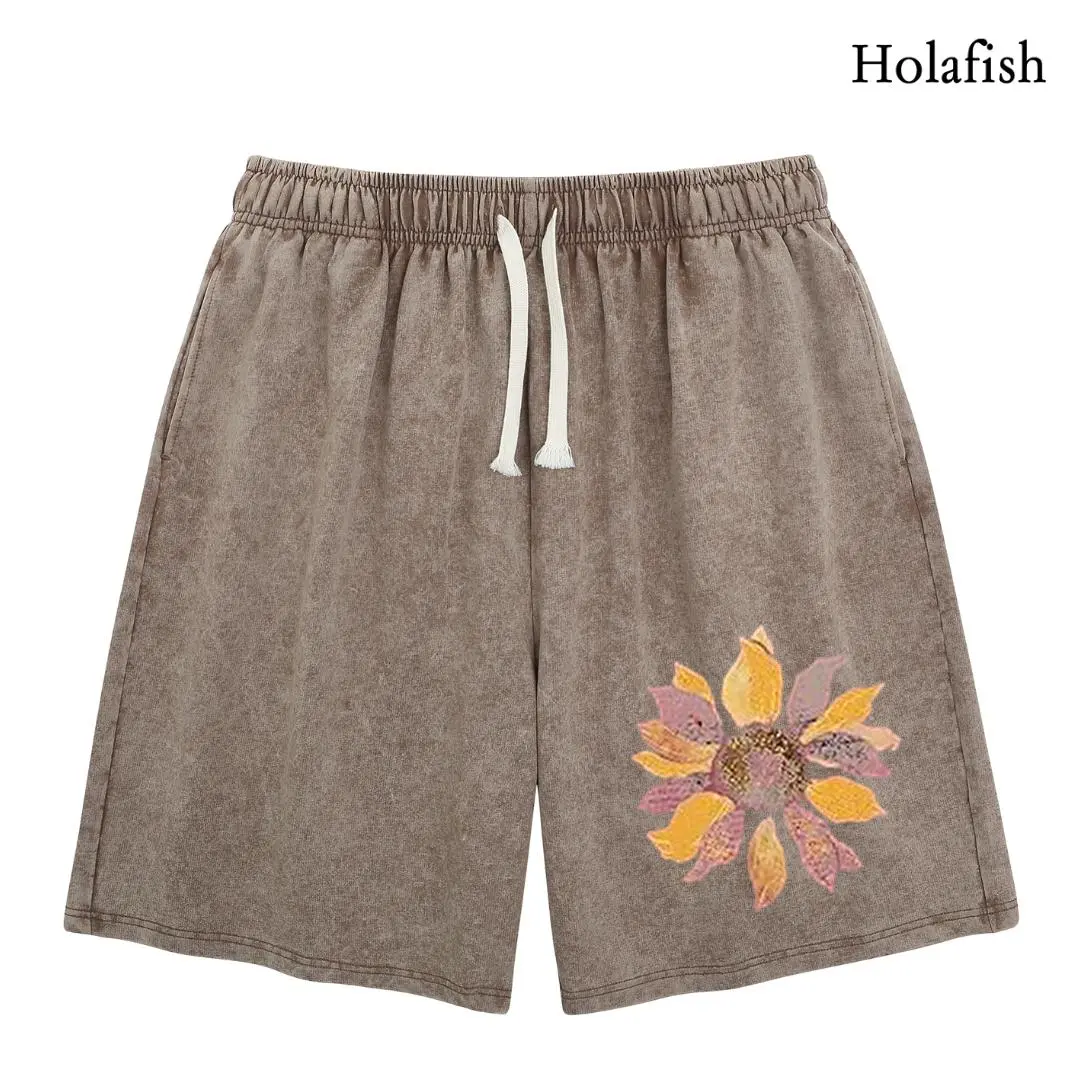 Acid Washed Sunflower Shorts - Women’s Oversized Loose Fit, Soft Cotton Retro Floral Print, Y2K Acid Wash Summer Streetwear, Casual High Waist Drawstring Shorts for Cute & Edgy Outfits