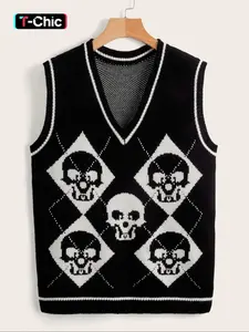 Halloween Skull Loose Knit V Neck Sleeveless Vest, Casual Style Sweater for Spring & Fall, Moderate Fabric Thickness, Comfortable Fit