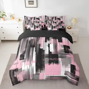 Pink Grey Black Bedding Set,7 Pieces,Abstract Stripes Comforter Set,Decor Stripe Line Microfiber Modern Art Comforter