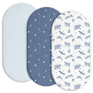 Baby Muslin Bassinet Sheets 3 Pack, Breathable Elastic Cozy Fitted Cotton Bassinet Mattress Sheet for Newborn Infant Baby Boy Girls, Fit for Hourglass Oval Rectangular Cradle Pad Sheets 33"x17" Soft Bedding Sheets