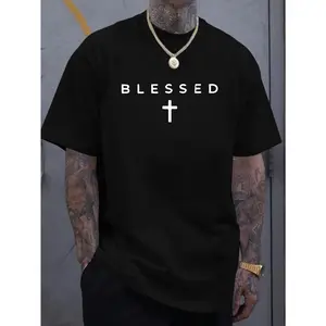 Men'S "Blessed" Cross Print T-Shirt - Casual Crew Neck, Short Sleeve, Lightweight , Summer Essential for Casual Attire, Everyday Tshirt | Trendy Casualwear | Comfortable Fit