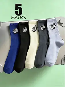 Men's Personalized Asian Mid-Calf Letter Print Socks Pack of 5, Socks Set, Stylish Casual Footwear, Comfortable Daily Wear, Perfect for All Seasons
