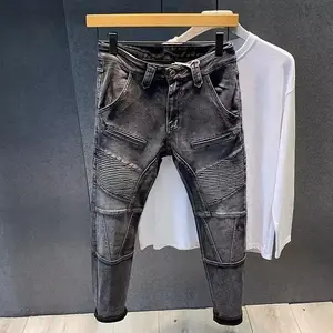 2025 New Autumn Winter Black Grey Men's Motorcycle Long Pants Slim Patchwork Fold Designer Pencil Pants Casual Jeans