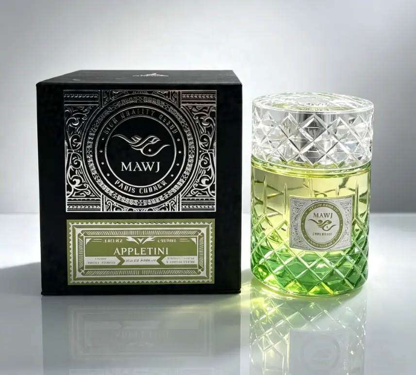 Premium Crisp Apple Fresh Neutral Perfume MAWJ Appletini 3.4oz EDP Light Mint White Musk Fragrance, Elegant Black Silver Ornate Frame Print Gift Box Ideal Unisex Gift For Couple Birthday Graduation Holiday Summer Vacation