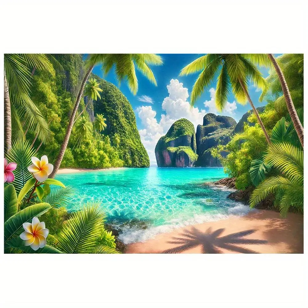 1pc 2D Flat x Tropical Beach Scene Backdrop - Vibrant Palm Trees, Crystal Clear Water, and Sunlit Sky - Perfect for Birthday Parties, Photo Booths, and Outdoor Celebrations, Versatile No-Power Banners White