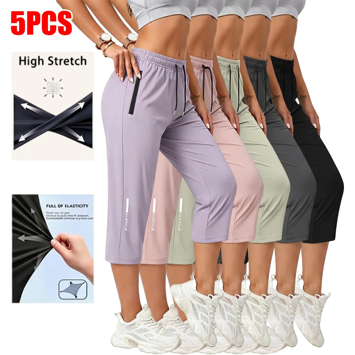 Women’s casual three-quarter pants, pack of 5, elastic waistband with drawstring, printed cuffs, available in multiple colors, machine washable, slightly stretchy, two pockets, suitable for everyday wear and leisure outings.