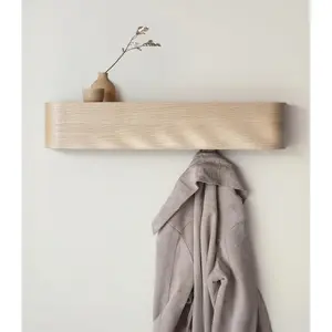 Wall-mounted coat rack - Modern design coat rack with hidden wall hooks - Solid wood veneer coat rack - Oak color, white
