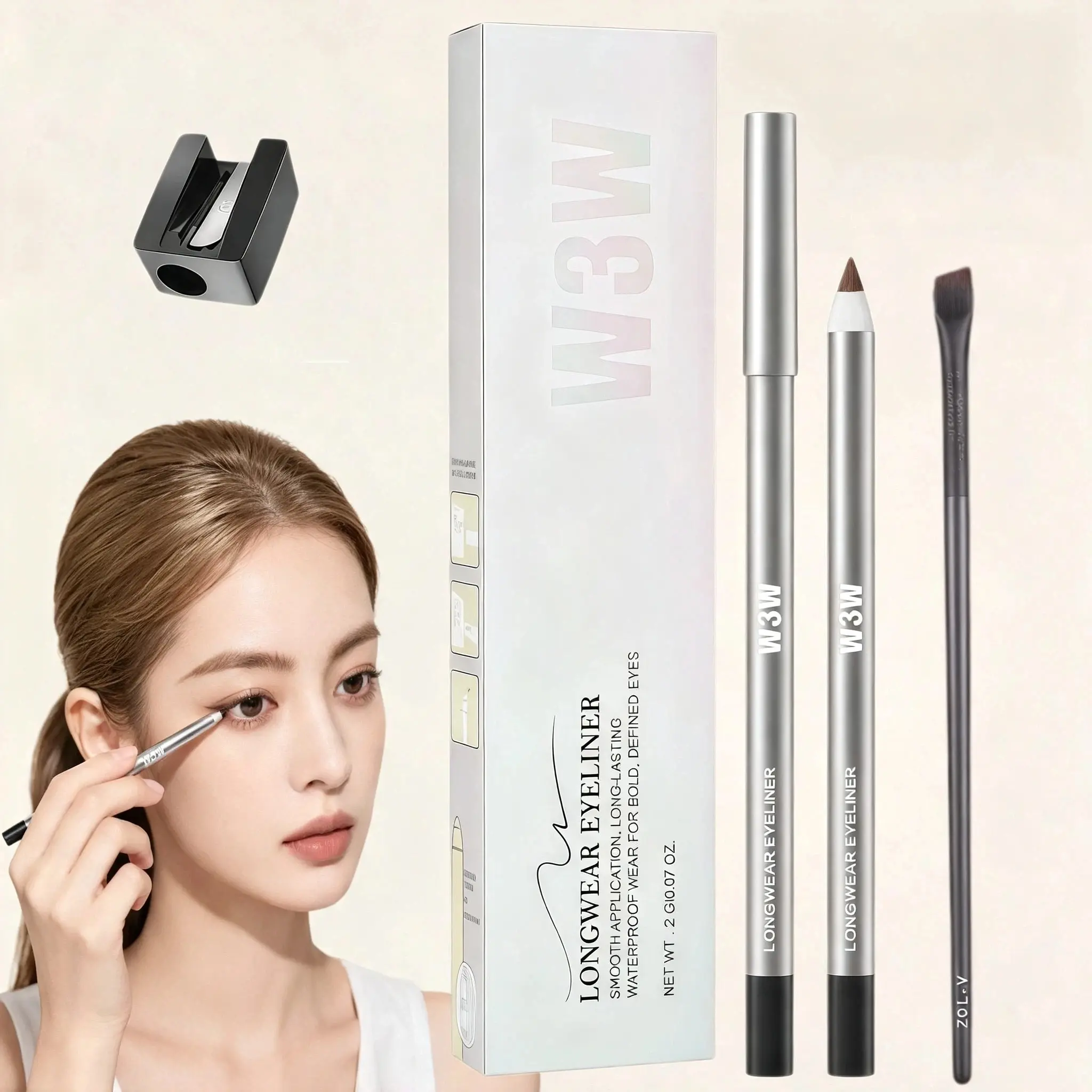 Viral Ultra Smooth Buttery Glide Cream Gel w3w Eyeliner Pencil, Smudge-Proof Transfer-Resistant Waterproof Precision Wing Liner with Bonus Angled Blade Brush, Gentle Long-Lasting for Inner/Outer Lash Line, Multi-Use Freckle Lipliner for Daily Eye Makeup
